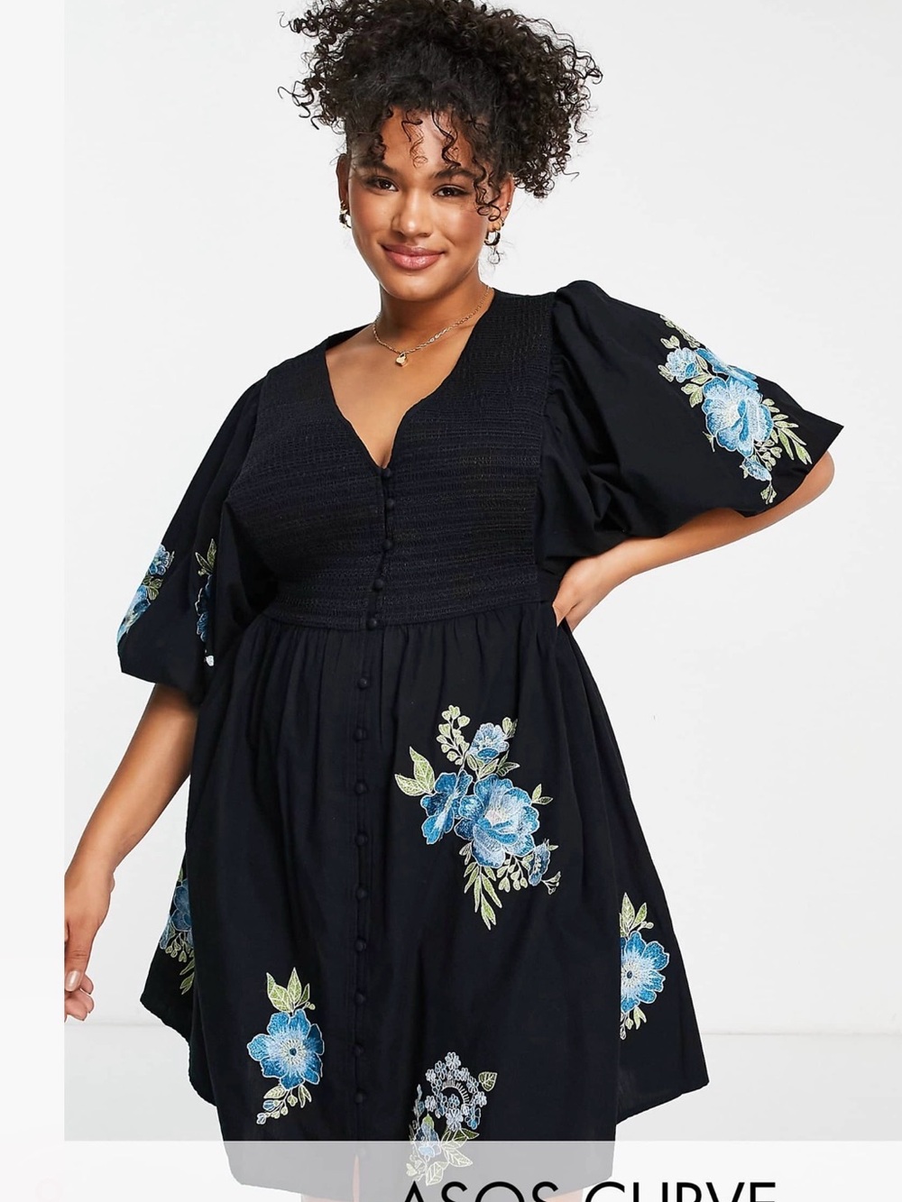 ASOS DESIGN Black Floral Dress with Puffed Sleeves